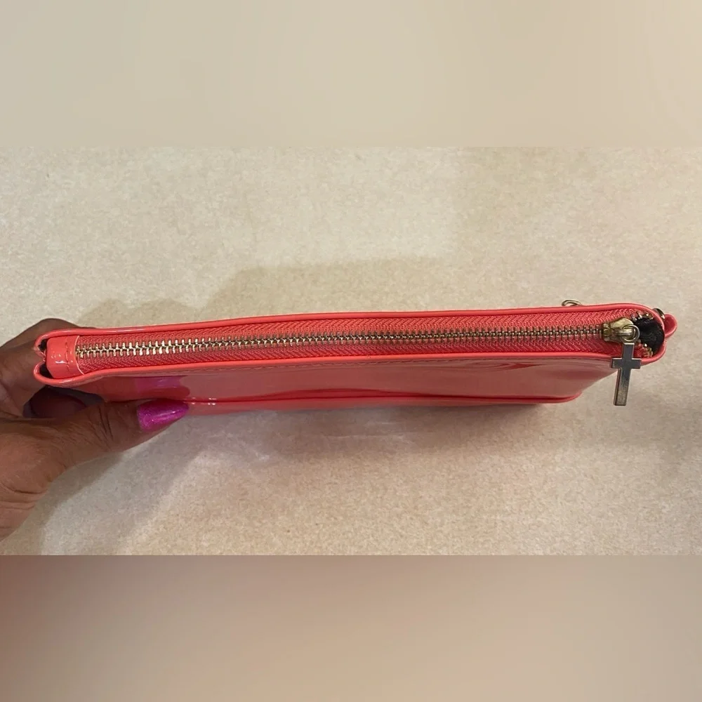 PURSE: Coral/Peach Patent Leather Pouch w/Golden Cross Charm Zipper Pulls, NWOT